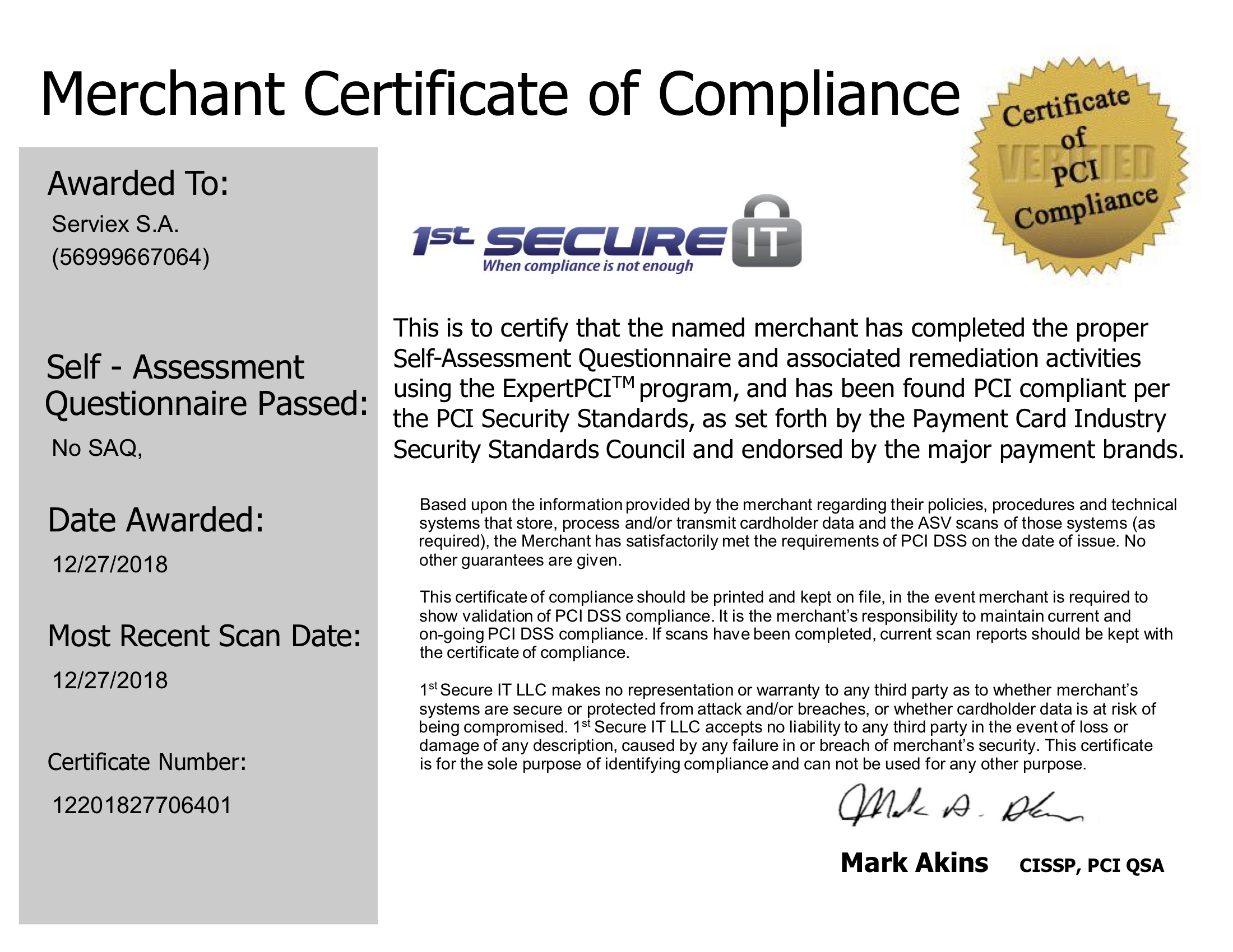 ComplianceCertificate_PCI_2019_Serviex ComplianceCertificate_PCI_2019_Serviex